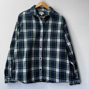 LL Bean Women's Flannel Button Shirt Blue Green Tartan Plaid Relaxed Fit Large